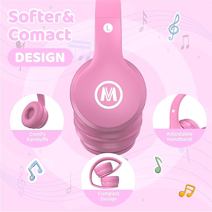 Headphones Kids Bluetooth 5.4 Wireless Play Time 68H Safe Volume Limit 85/94dB Over-Ear Foldable Headset,Fast Charging,with Aux Cord Built-in Mic for Toddler Child Pad Study Tablet Pink