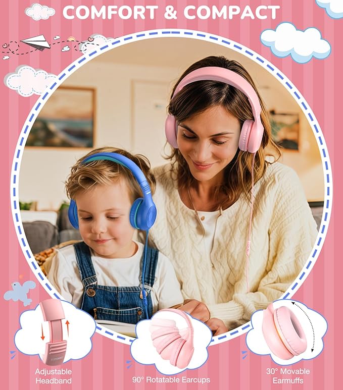 Upgrade USB Type C Kids Headphones, Wired Headphones for Kids with Microphone for Boys Girls, Adjustable 85dB/94dB Volume Limited (Pink)