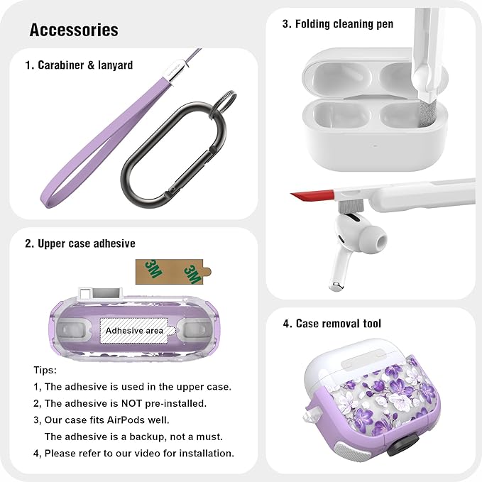 WENEW Case for AirPods 4th Case Cover Secure Lock Automatic Snap Switch Clip Cleaner Kit Lanyard Women Stylish Flower Armour Hard Shell Full Body Front LED Visible (Purple Flower, AirPods 4th)