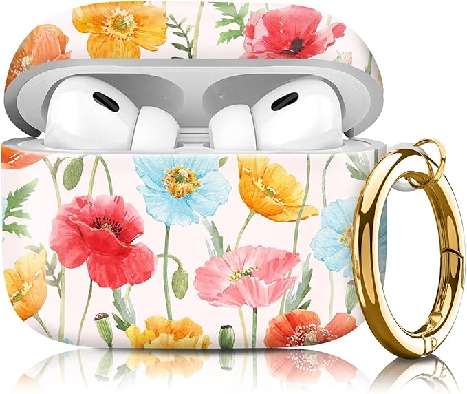 Compatible with Airpod pro 2nd/1st Generation Case Cover with Gold Round Keychain Cute Pattern Hard & Anti Slip Cover for Men Women & Girls（Blue Flowers）