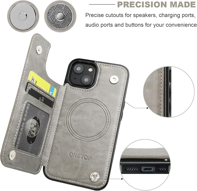 ONETOP Compatible with Magsafe for iPhone 13 Wallet Case with Card Holder, PU Leather Kickstand RFID Blocking Case, Double Magnetic Clasp and Durable Shockproof Cover 6.1 Inch (Grey)