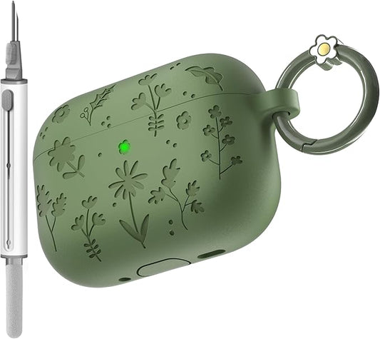 for AirPods Pro 3 Case (2025) DamonLight Floral Engraved Shockproof Protective Soft Silicone Case Cover with Cleaning Pen and Floral Keychain for Apple Airpods Pro 3rd Generation (Olive Green)
