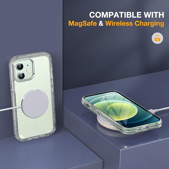 Miracase Glass Series for iPhone 12/12 Pro Case 6.1 inch, Upgraded Full-Body Rugged Phone Bumper Case Cover with Built-in 9H Tempered Glass Screen Protector and Camera Protector, Clear Glitter
