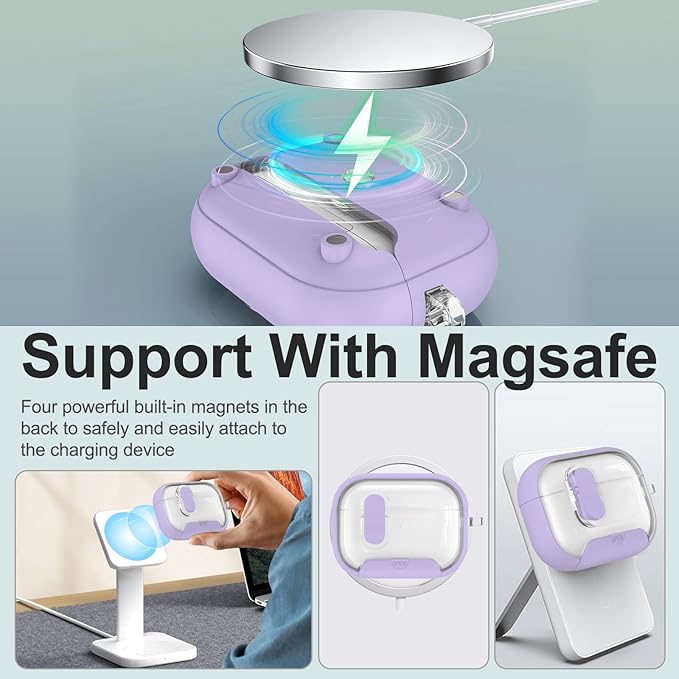 for Airpods Pro 3 Case Clear,Secure Lock for Airpods pro 3rd Generation Case Cover with Phone Stand and Magsafe Function,Auto Pop-up,Hybrid Protection with Carabiner&Cleaning Pen-Purple