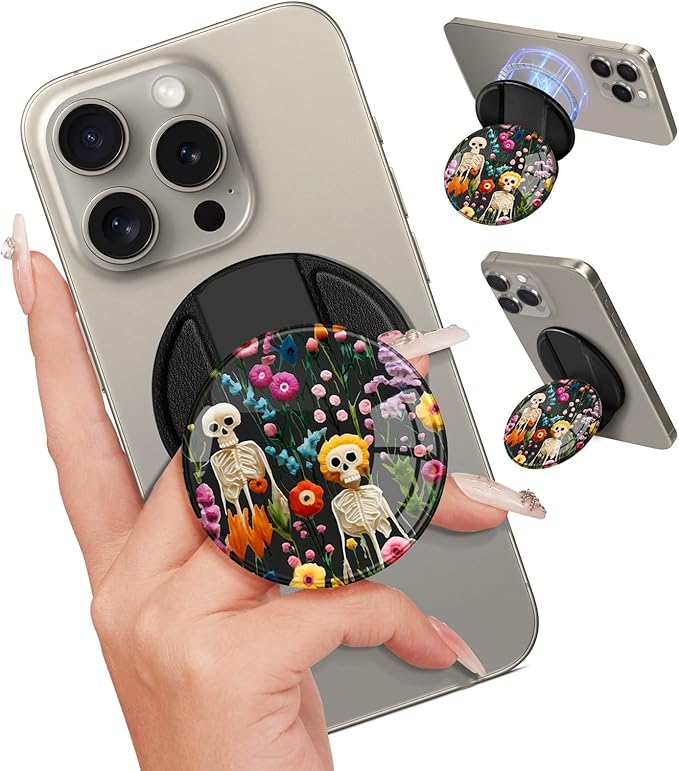 Kidcube Phone Grip Compatible with Magsafe - Magnetic Phone Grip Stand Cute Cool Skull Finger Grip Kickstand Ring Holder Women Girl Compatible with Magsafe Accessories for iPhone 16/15/14/13/12 Series
