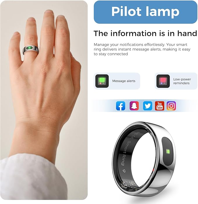 Smart Ring with Instant Notification Alerts & Gesture Control - Sleep Tracker Ring, Fitness Ring for Steps & Heart Rate, IP68 Waterproof (Silver, 8)