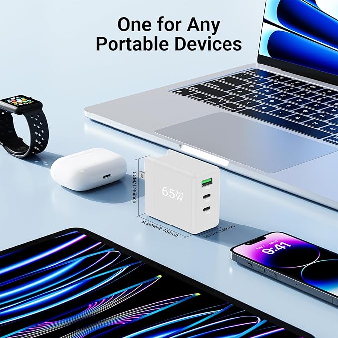 USB C Charger, Wall Charger，65W Charging Station 3-Port Fast Compact Foldable for MacBook Pro/Air, iPad Pro, Galaxy S23, Dell XPS 13, Note 20/10+, iPhone 15/Pro, Steam Deck, and More (White)