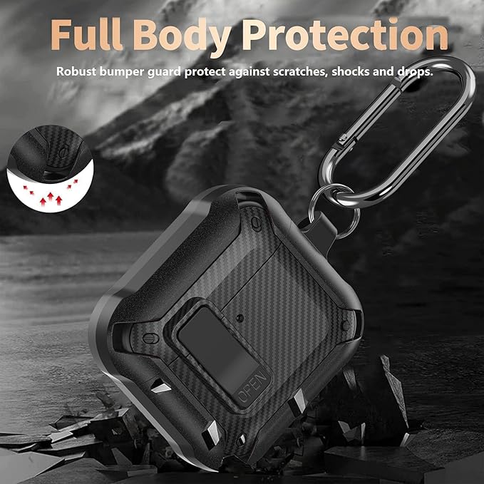 for Airpods 4 Case with Lock Clip, Rugged Apple Airpods 4th Generation Cover 2024 Men Women, Armor Shockproof iPod 4 Gen Protective Hard Shell with Carabiner&Cleaner kit,CF Black