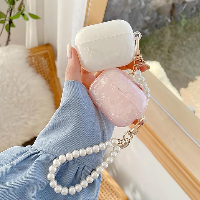 for Cute Glitter Airpods Pro 2nd/1st Generation Case with Cleaner Pen, Shell Pattern Airpods iPod Pro 2 Gen Cover Protective Skin Girl Women with Luxury Pearl Keychain 2023/2022/2019 - Pink