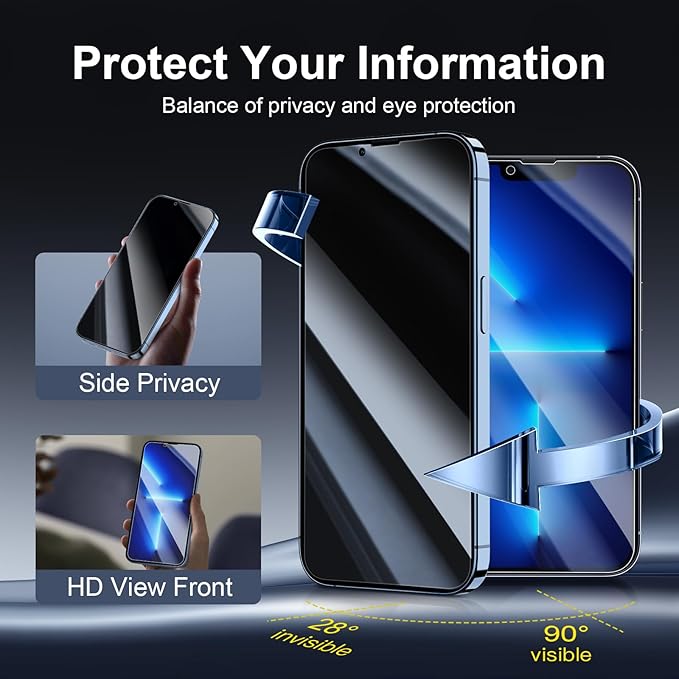 NEW'C 3x Privacy for iPhone 13 Pro Screen Protector (6.1 inches)+ 3x Camera Lens Protector, Sensor Protection,Case Friendly Tempered Glass Film + Dust Plug - Enhanced Privacy Angle of 28 Degrees