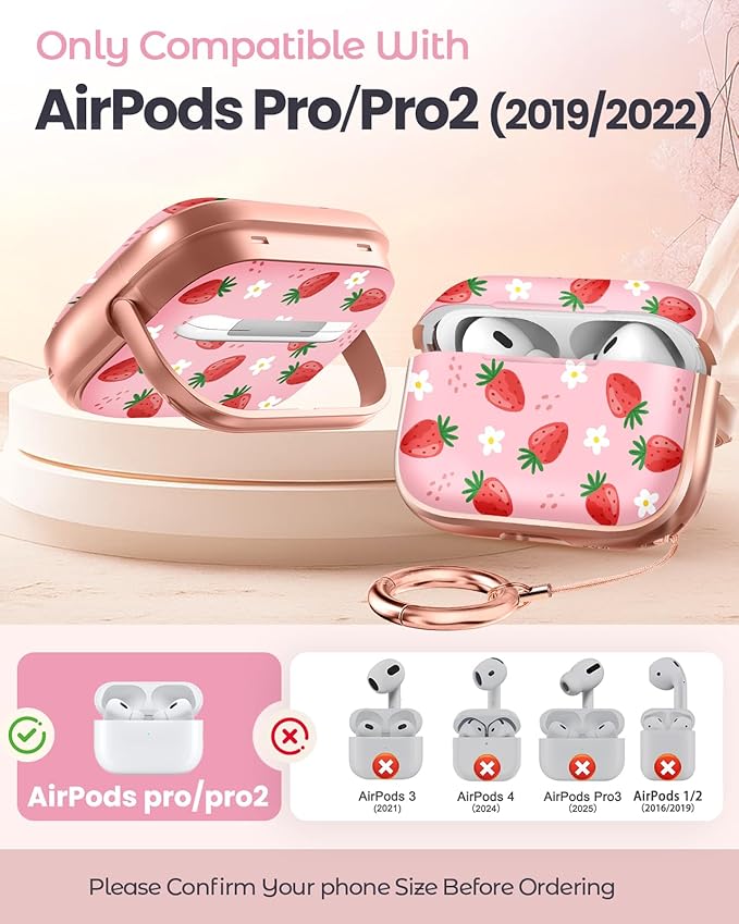 Coralogo for AirPods Pro2/Pro Case with Safety Lock - Cute Cartoon for AirPods Pro1/2 Generation for Women Girls Fashion Stylish Strawberry Pattern Design Kawaii Girly Girlish Hard Protective Cover