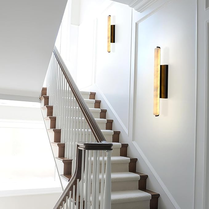 Alabaster Wall Sconces Set of Two, 25" Black Alabaster Sconce, Spanish Natural Marble Bathroom Vanity Sconces, Rectangle Modern Sconces Lighting for Bedroom Living Room Staircases Hallway