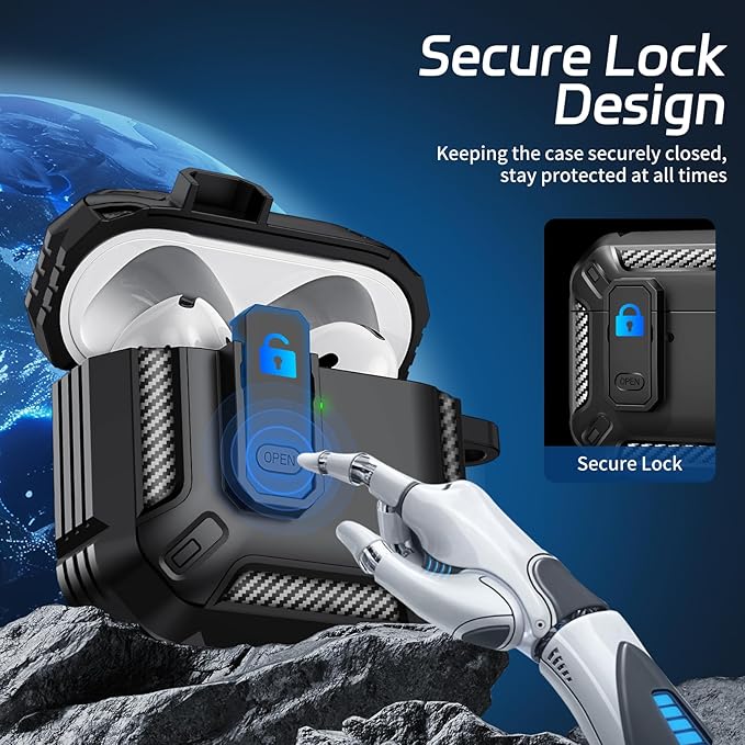 for AirPods 4 Case, Secure Lock Case Compatible with Apple AirPods 4th Gen 2024 for Men Women, Shockproof Protective Cover with Cleaning Kit & Keychain, Ultra Slim, Anti-Scratch, Black