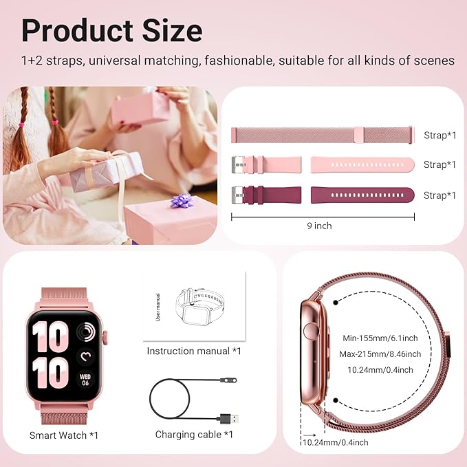 Smart Watches for Women, 1.83'' HD Fitness Tracker with Answer/Make Calls, Heart Rate/Sleep/SpO2 Monitor, 120+ Sport Modes, IP68 Waterproof, Compatible iPhone/Samsung/Android (Rose Gold)