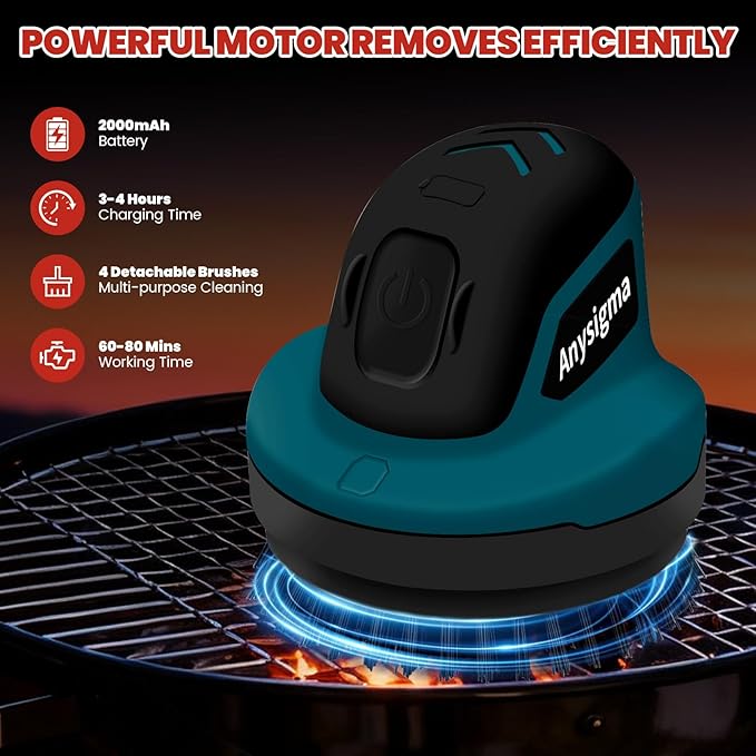 Electric Grill Brush- Waterproof Cordless Rotary Cleaning Brush with 4 Heads for Outdorr Grill,Car,Bathroom