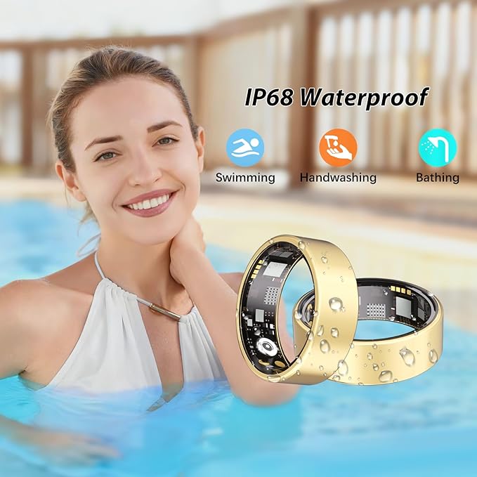 Smart Ring for Women Men Fitness Ring with Heart Rate, Blood Oxygen, Blood Pressure, Sleep Tracker, Step Tracker, IP68 Waterproof Health Ring for iOS & Android,No Subscription Fee (Gold, 12#)