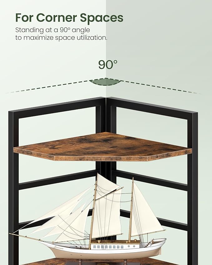 69.3" Corner Shelf 5-Tier, Large Corner Shelving, Freestanding Storage Stand for Bedroom, Living Room, Kitchen, Industrial Engineered Wood Bookshelf Organizer, Rustic Brown and Black TCJ15BF