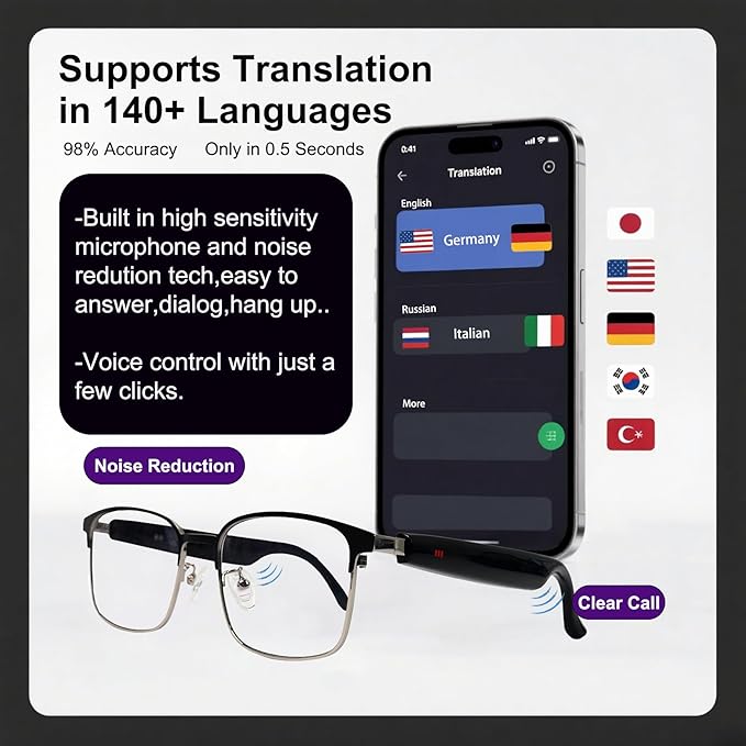 AI Smart Wireless Bluetooth Translation Glasses for Men/Women with Speakers/Bluetooth&140+ Languages Translation Sports/Travel/Drive/Busniess (G6+AI+Color Change Lenses+Silver)