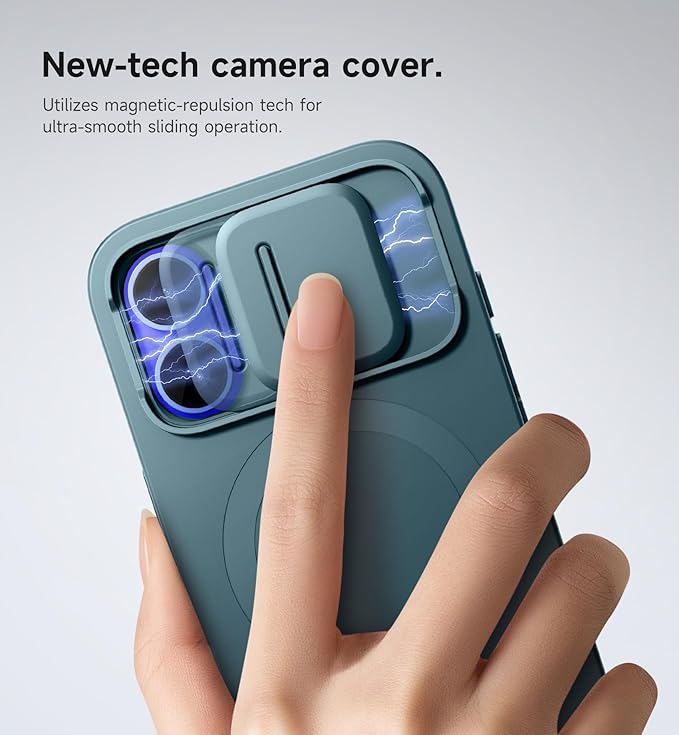 SURITCH for iPhone 16 Case with Magnetic Camera Slide Cover and Adjustable Kickstand, Compatible with MagSafe, Shockproof Bumper Case Slim Protective Cover 6.1 Inch, Lake Green