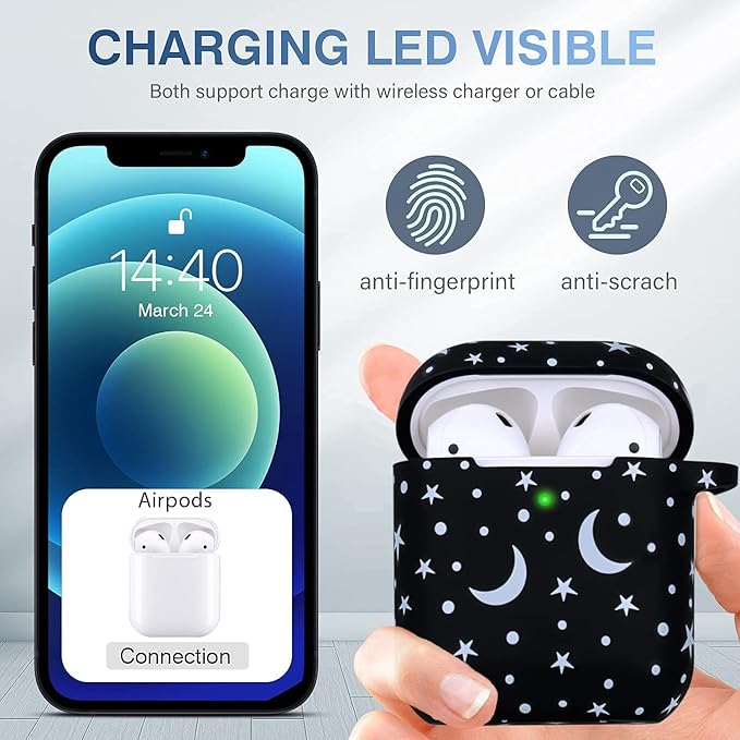 Moon Star Silicone Case Compatible with Airpods Case, Gawnock Soft Earpod Case Cover Flexible Compatible with Airpods 2nd/1st Generation Floral Print Cover for Women Girls with Keychain - Moon/Star