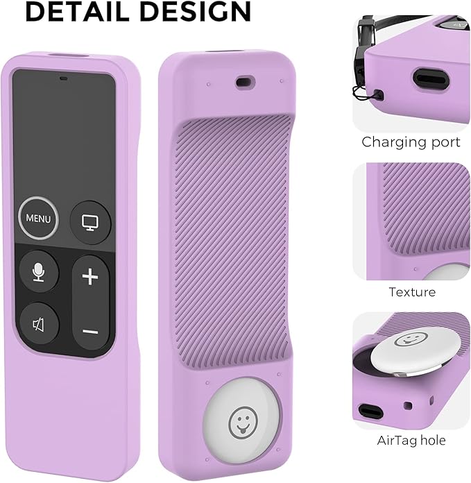 AhaStyle Protective Case for Apple TV Remote with AirTag Holder, Anti Slip Silicone Cover Compatible with 4K and HD [1st Generation] (Lavender)