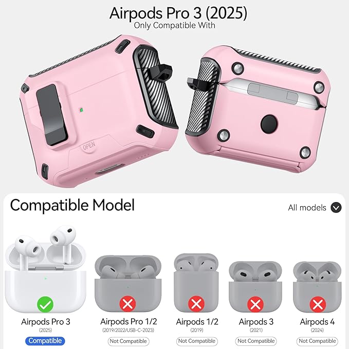 for AirPods Pro 3 Case (2025) with Phone Stand,（with Automatic Snap Switch） Carbon Fiber Design Protection Cover with Cleaning Pen,Pink