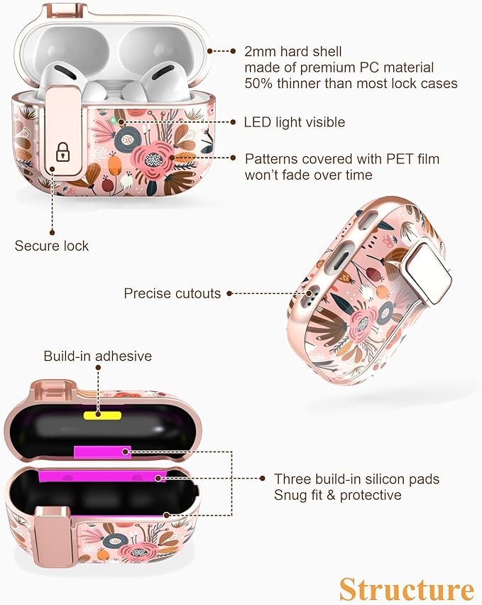 TATOFY for AirPods Pro 2nd Generation Case with Lock Carabiner Cleaner, Slim AirPod Pro 1st & 2nd Hard Case Cover, Compatible with MagSafe (Pink)