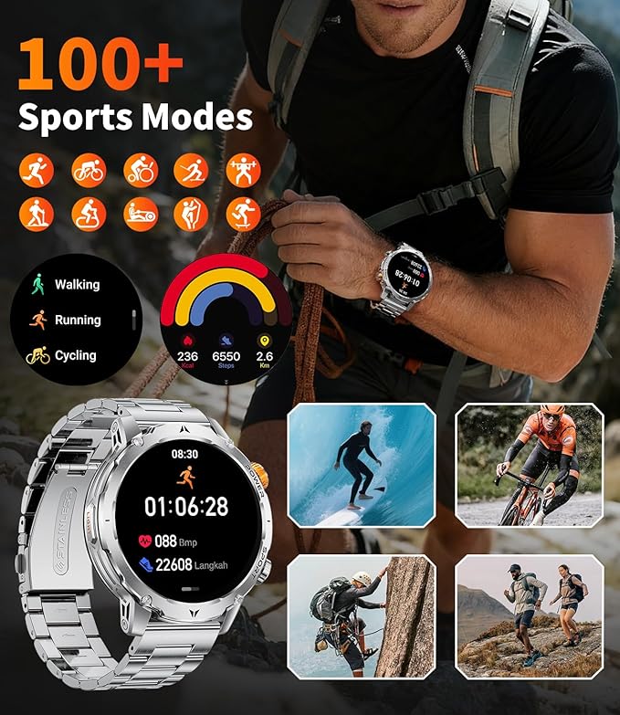 LIGE Smart Watch for Men with 1000mah,1.7" Smartwatch with 100+ Sports Modes,Flashlight,Health Tracker,IP68 Waterproof, Smart Watch for Android iOS Silver