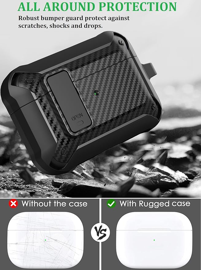 for Airpods Pro 3 Case with Lock Clip, Rugged Apple Airpods Pro 3rd Generation Cover 2025 Men Women, Armor Shockproof iPod Pro3 Gen Protective Hard Shell with Carabiner&Cleaner kit,CF Black