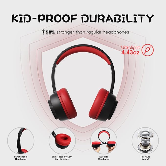 gorsun Kids Bluetooth Headphones, Toddler Headphones 85 dBA Safe Volume, 45 Hours Playtime, with Mic, Bluetooth 5.3, Kids Wireless Headset for iPad/Tablet/Travel/School, ldeal Gift (Black/Red)