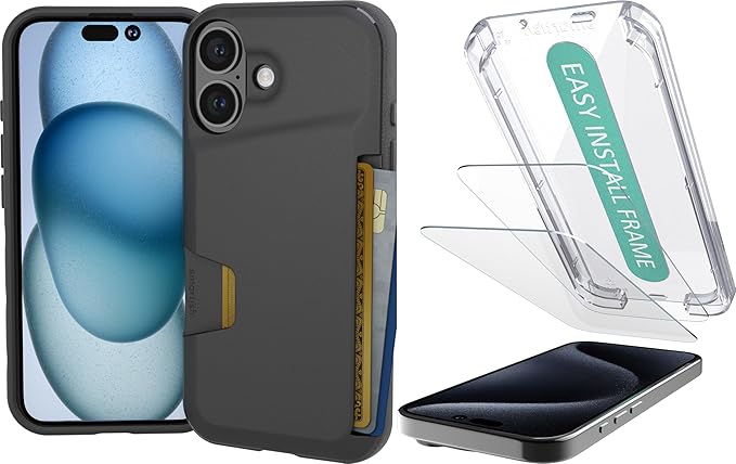 Smartish iPhone 16 Wallet Case + 2-Pack Tempered Glass Screen Protector Bundle - Wallet Slayer + Tuff Sheet - Protective Case Wallet with Crystal Clear Screen Protection - Black