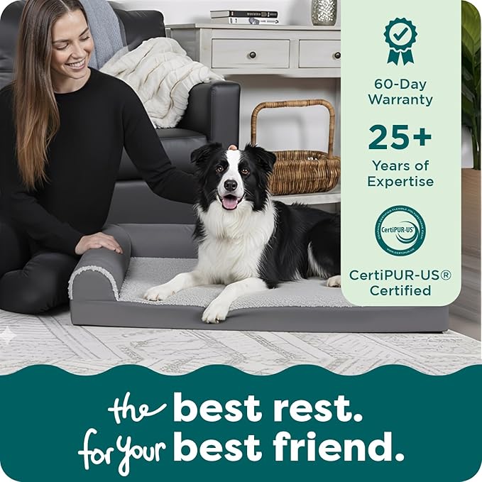 FurHaven Cooling Gel Dog Bed for Medium/Large Dogs, L-Shaped Chaise with Cool Gel-Top Foam & Solid Orthopedic Foam Base for Joint Support, Washable Cover, Large, Plush & Suede, Stone Gray