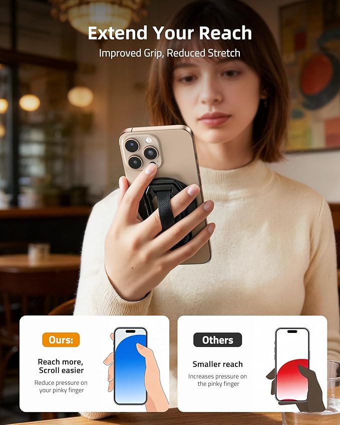4-in-1 Magnetic Phone Grip Mount Stand with Finger Loop, Phone Ring Holder, Strap, Kickstand for MagSafe - Compatible with iPhone 17, 16, 15, 14, 13, 12, Plus, Pro, Max, Air