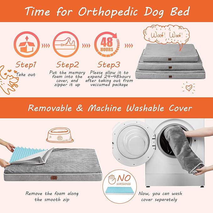 EHEYCIGA Memory Foam Dog Bed Orthopedic 35"x23"，Waterproof Pet Bed for Larged Size Dogs ，Washable Pet Mat with Removable Cover, Grey