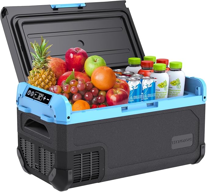 30L Car Refrigerator Freezer, 32QT Single Zone Portable Fridge with Blow Expansion Evaporator, Reversible Door, LED Control, Fast Cooling, 100–240V AC / 12V / 24V DC, -4℉~68℉, Ice Blue