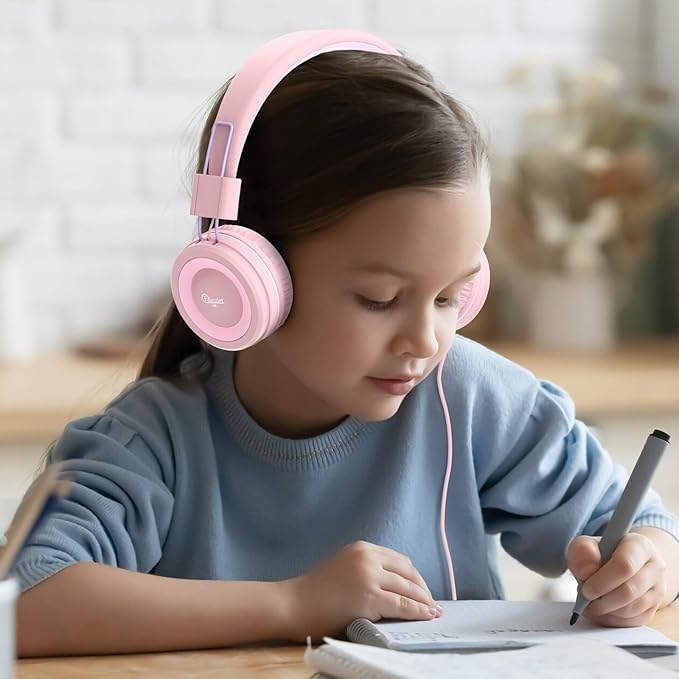 ELECDER i37 Kids Headphones for School Children Girls Boys Teens Foldable Adjustable On Ear Wired Headphones with 3.5mm Jack for Smartphones Chromebook Laptop Computer PC Tablets Travel, Peach/Purple