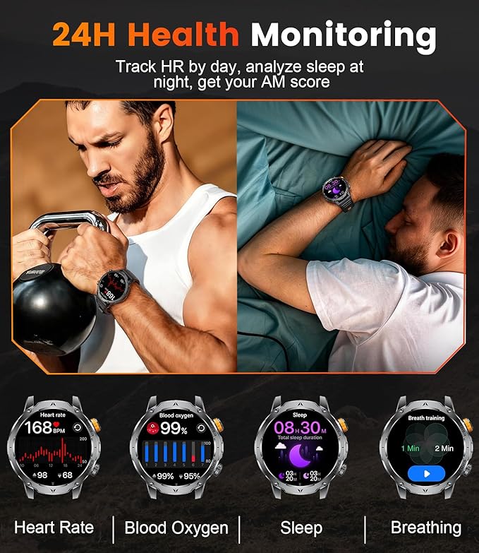 LIGE Smart Watch for Men with Flashlight,1.7" Smartwatch with 100+ Sports Modes,1000mAH,Health Tracker,IP68 Waterproof, Smart Watch for Android iOS Black 3 Straps 2 Chagers