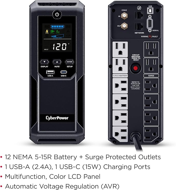 CyberPower CP1500AVRLCD3 Intelligent LCD UPS System, 1500VA/900W, 12 Outlets, 2 USB Ports, AVR, Mini Tower, Black