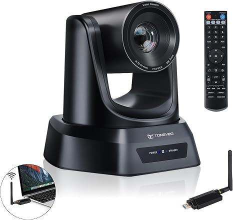 TONGVEO Wireless AI PTZ 20X Zoom Camera with Auto-Tracking: Built-in 5.8GHz Receiver for Cable-Free Setup, 1080P 60fps Conference Camera for Church Services, Online Classes & Hybrid Meetings