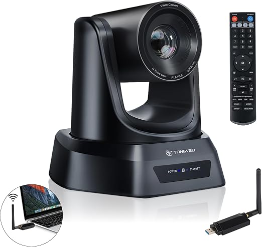 TONGVEO Wireless AI PTZ 20X Zoom Camera with Auto-Tracking: Built-in 5.8GHz Receiver for Cable-Free Setup, 1080P 60fps Conference Camera for Church Services, Online Classes & Hybrid Meetings