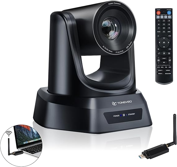 TONGVEO Wireless AI PTZ 20X Zoom Camera with Auto-Tracking: Built-in 5.8GHz Receiver for Cable-Free Setup, 1080P 60fps Conference Camera for Church Services, Online Classes & Hybrid Meetings