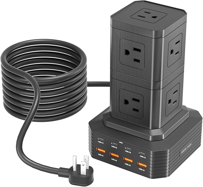 Charging Station (100W), 17-in-1 USB C Power Strip with Surge Protection, 6.6Ft Extension Cord, 4 USB C and 4 USB A Ports, 9 AC Outlets for Home Office Dorm Room