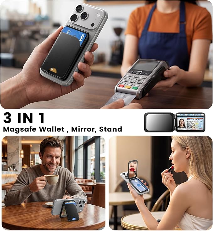 Magnetic Phone Wallet With Makeup Mirror - Mag Safe Wallet Leather RFID-Blocking Mag-Safe Card Holder for iPhone 17/16/15/14/13/12 Series, Not for iPhone 13/12 Mini (Black)