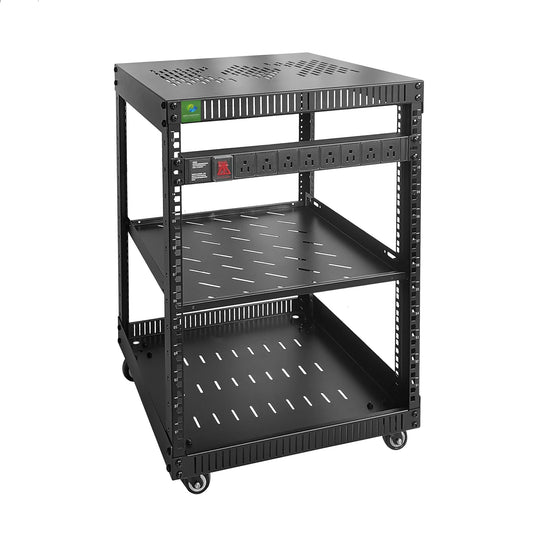 RIVECO 12U Network Rack with Reinforced Top Cover - 4 Post Floor Rack on Wheels for 19" Equipment & Stereo Gear- Including Rack Mount Power Strip & 1PCS 1U Rack Shelf