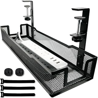 No Drill Under Desk Cable Management Tray with clamp-Premium Wire Tray Cord Organizer – Thin Steel Cable Tray Basket with Charger Holder for Desk–Black Cable Management Box–Easy to Install - Image 1