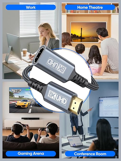 8K HDMI Extender Cable 6FT, 48Gbps HDMI Extension Cable Male to Female Adapter Support 8K@60Hz/4K@120Hz/Dynamic HDR/eARC, Compatible with Fire Stick/Roku Stick/HDTV/Monitor/Laptop/PS5/PS4