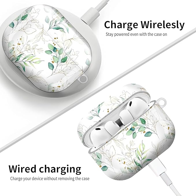 Compatible with AirPod Pro 3 (2025),Cute Case Cover for Women & Men, Full Protection Shockproof Hard Case with Keychain, Wireless Charging Case Accessories(Green Gold Leaves Branches)