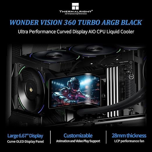 Thermalright Wonder Vision 360 Turbo ARGB Black CPU Water Cooler, 60HZ Curved Screen with 2400x1080 Resolution,for AM4/AM5,Intel LGA1851/1700,6.67in 3D Screen High Performance Pump,3000RPM Fan Speed