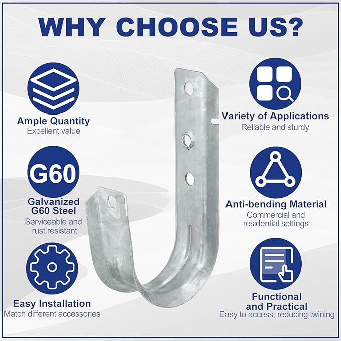 Gisafai 200 J Hooks for Hanging, Heavy Duty J Hooks, Metal Cable Hook for Wire Management, Ul Certification, G60 Galvanized Steel (2 Inch)
