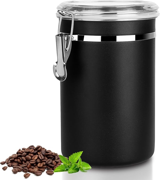 Stainless Steel Food Container with Clear Lids Airtight Storage Container Small Canisters Kitchen Pantry Storage for Cereal, Snacks, Candy, Herbs, Spices, Sugar, Tea (1.8L Dark Black)